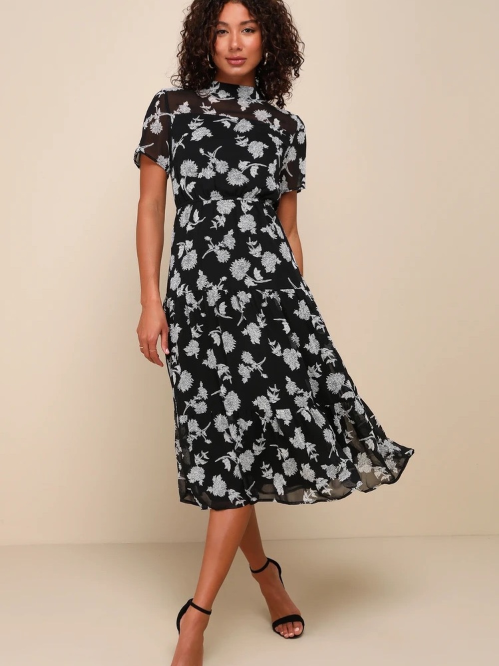 Lulu's Black Midi Dress with White Floral Print